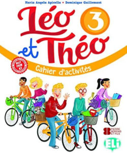 “LEO ET THEO 3 Cahier d’ activités”, mostrando a Leo y Theo realizando diversas actividades en su cuaderno, con ilustraciones coloridas.