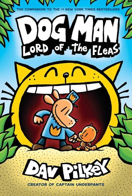 Portada del libro “Dog Man: Lord of the Fleas” de Dav Pilkey, donde Dog Man aparece junto a un pequeño gatito frente a una figura gigante de un gato amarillo.